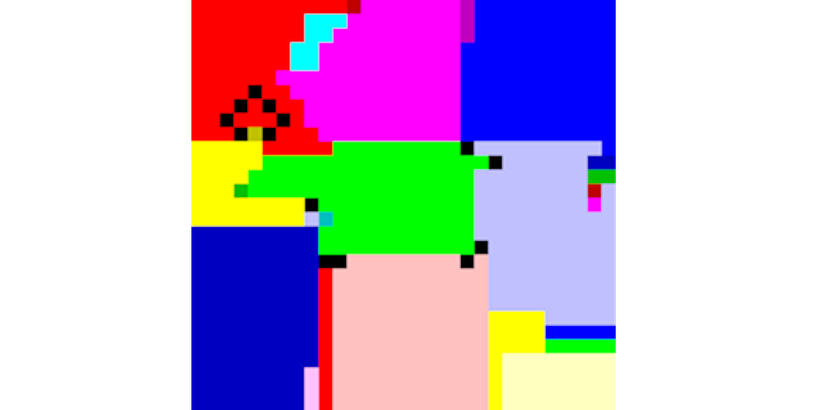 Colored shapes, approximately rectangles, with occasional black squares and other artefacts interspersed.