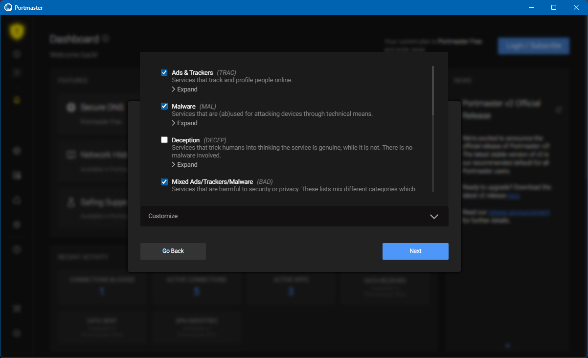 Portmaster selecting filter list during set up.