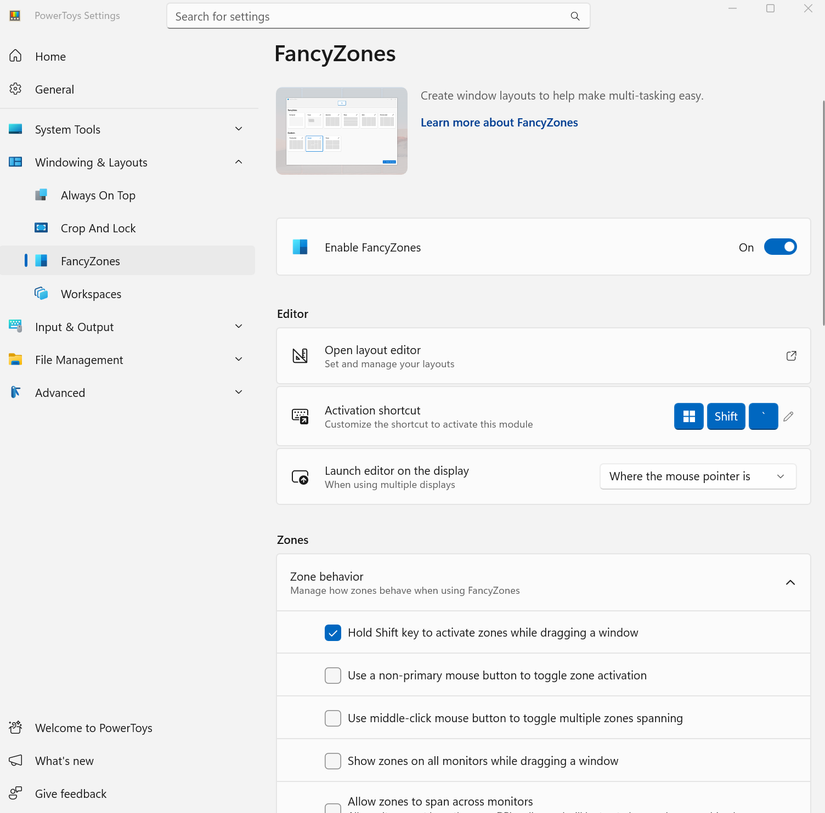 A screenshot of the open-source tool FancyZones, part of PowerToys suite of tools from Microsoft.
