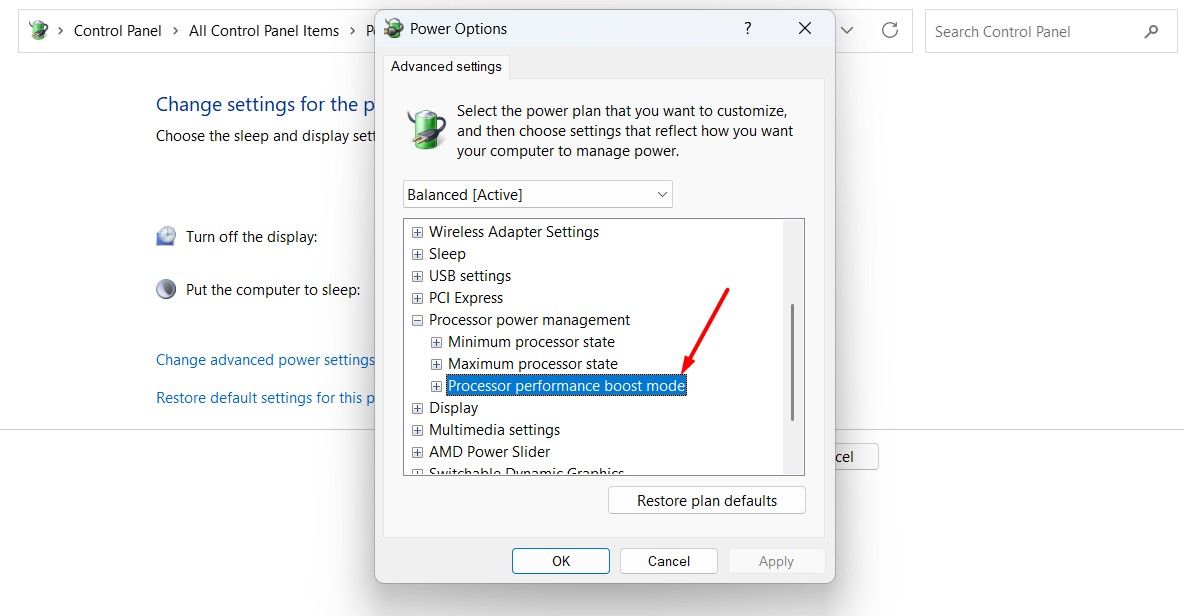 Processor performance boost mode option in the control panel.
