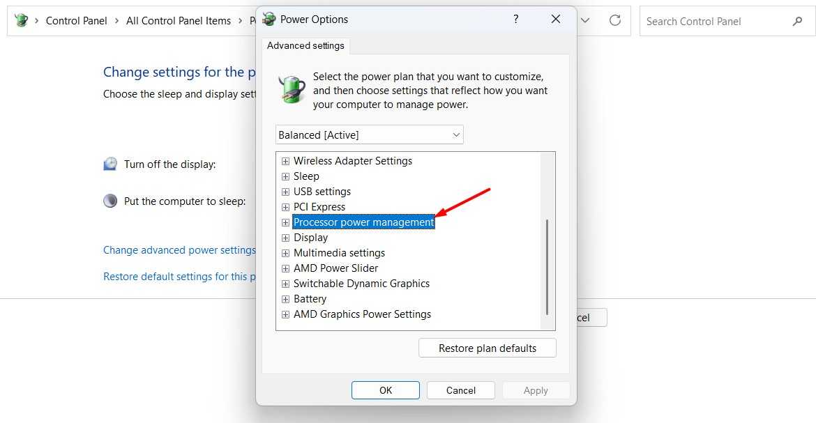 Processor power management option in the control panel.