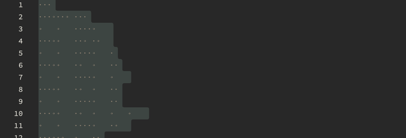 A file of source code with all text selected, showing it consists of various whitespace characters.