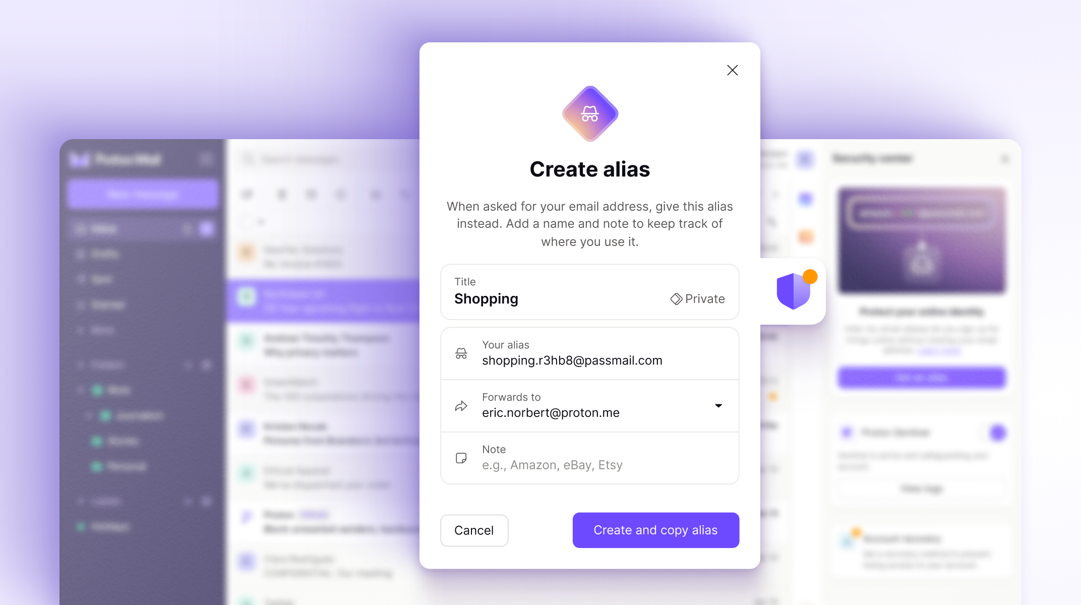 Proton Mail email alias creation.