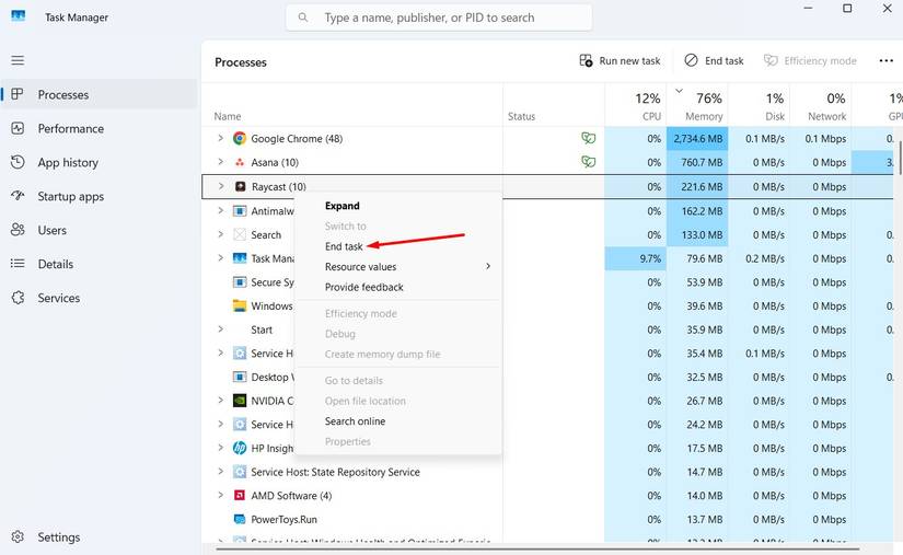 Raycast option in the task manager.