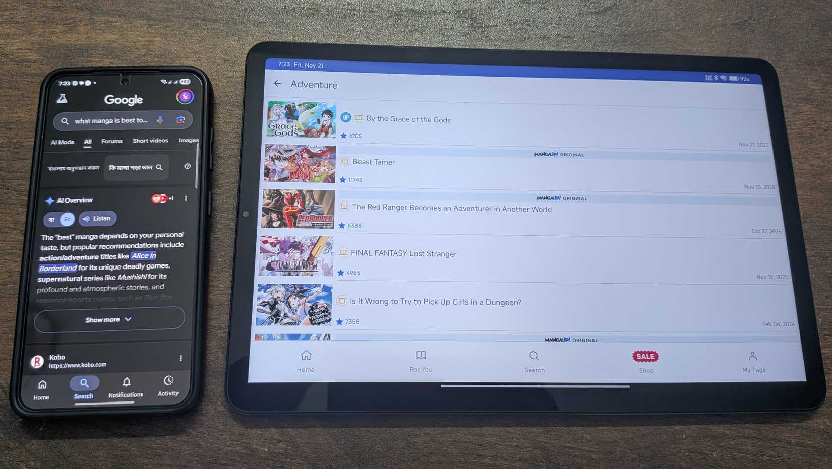 Read manga on the Mi Pad 5 while browsing what to read on a phone.-1