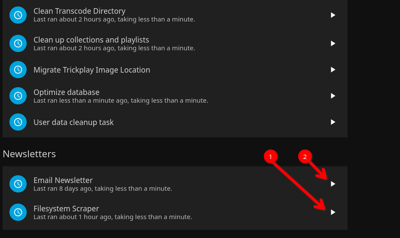 Red arrows pointing to the Filesystem Scraper and Email Newsletter tasks in Jellyfin.