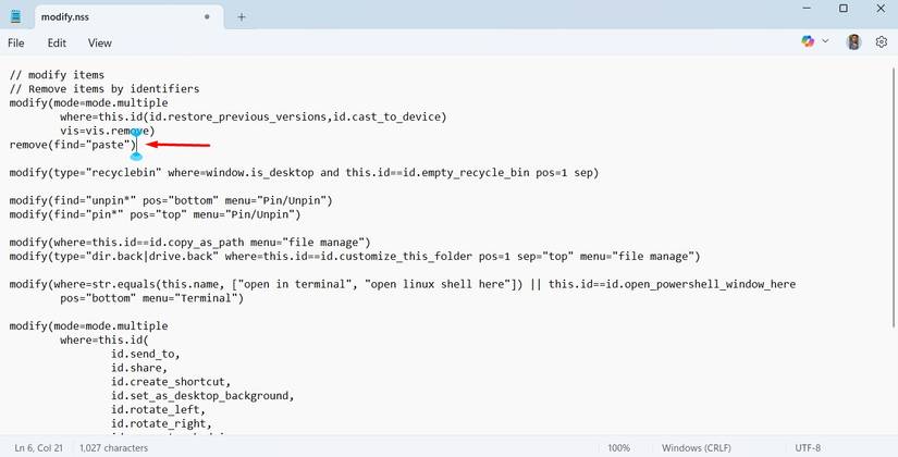 Comando Remover em Modificar arquivo.