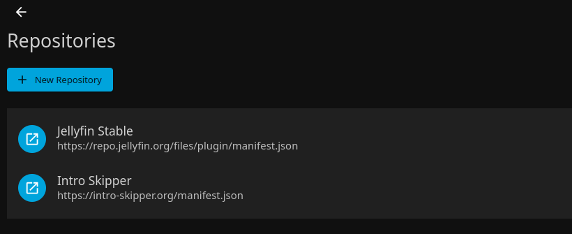 Lista de repositórios no Jellyfin com o repositório Intro Skipper listado.