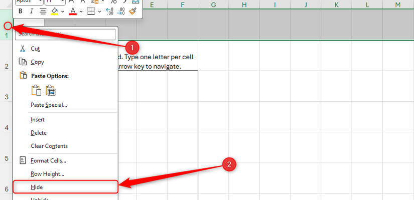 Row 1 in a Microsoft Excel worksheet is selected, and Hide is selected from the right-click menu.