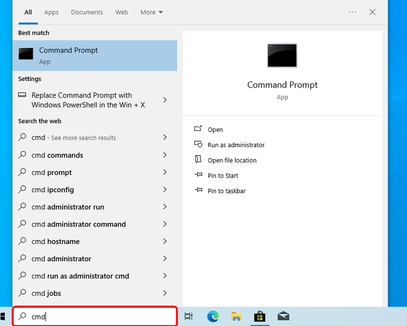 Executando o prompt de comando no menu Iniciar do Windows 10.