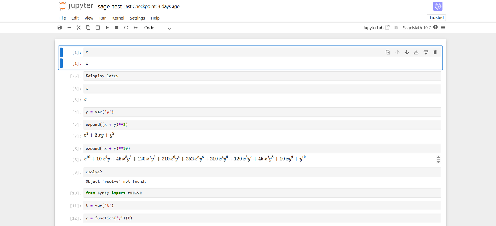 Saída do SageMath em um notebook Jupyter.