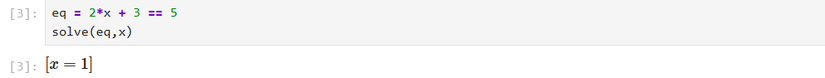 Resultado da equação linear SageMath de 2x + 3 = 5, com o resultado sendo 5, em um notebook Jupyter.