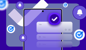 Samsung Reminders interface on a smartphone, surrounded by Google Tasks logo and reminder bell symbols on a purple background