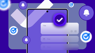 Samsung Reminders interface on a smartphone, surrounded by Google Tasks logo and reminder bell symbols on a purple background