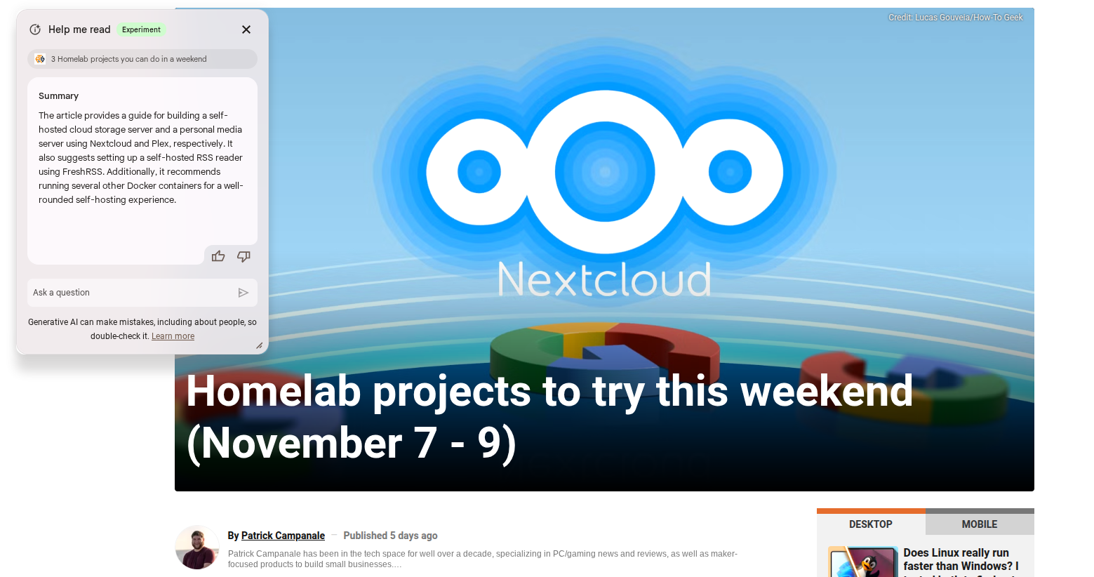 Google's help me read summarizing the Homelab projects to try this weekend post on How-To Geek.