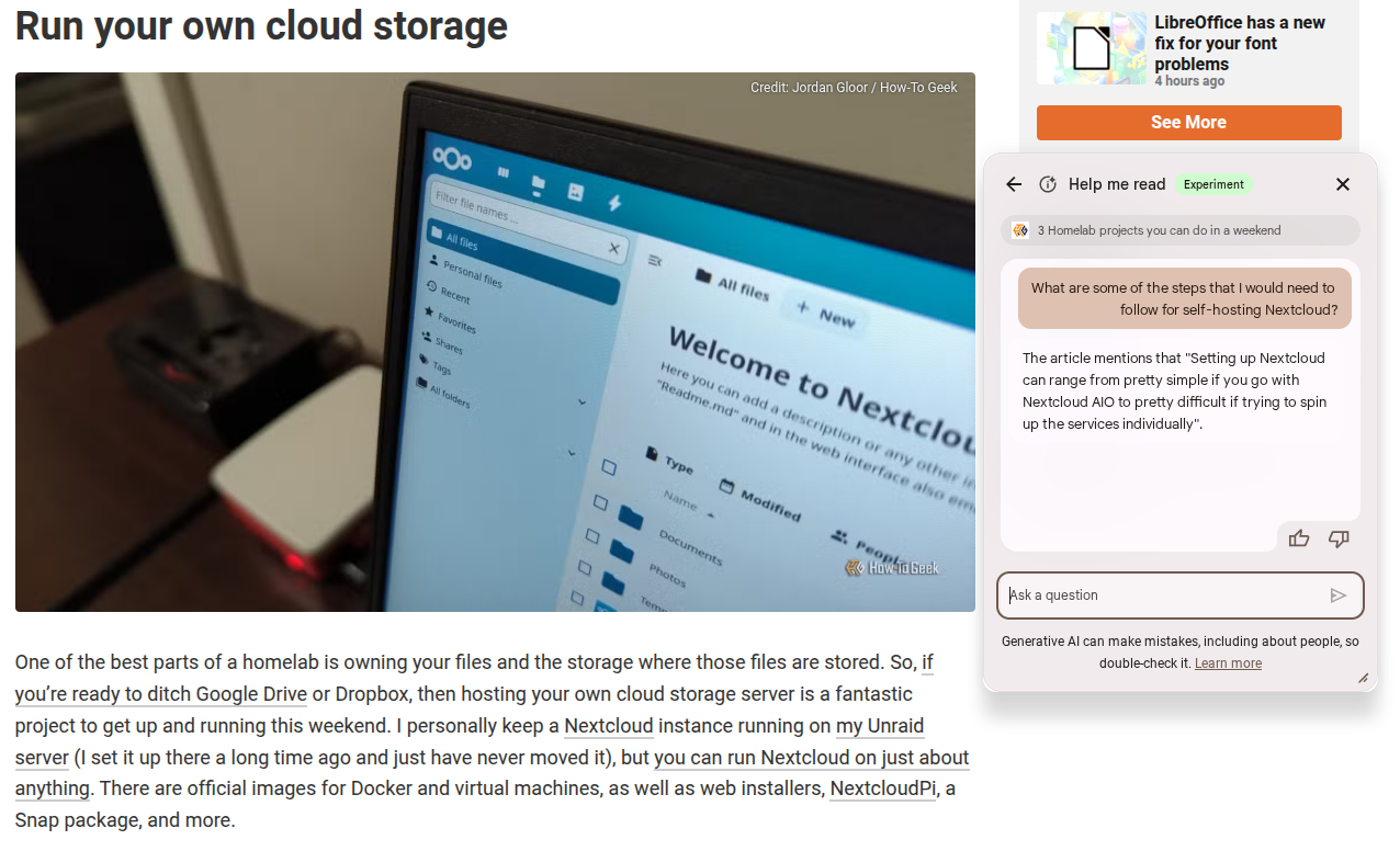 A question asked and answered by help me read on a Chromebook about Nextcloud.