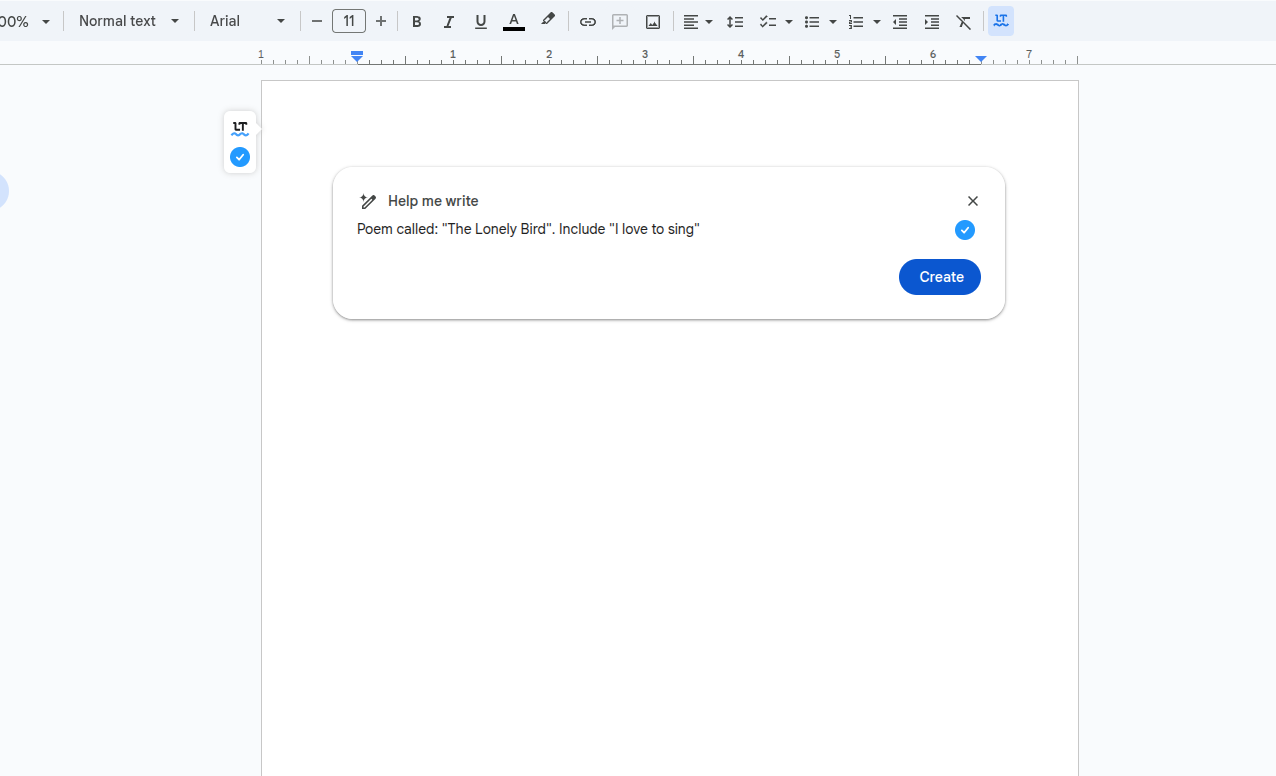 The help me write prompt on a Chromebook in Google Docs with a prompt about writing a poem.