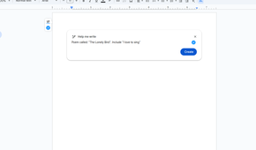 The help me write prompt on a Chromebook in Google Docs with a prompt about writing a poem.