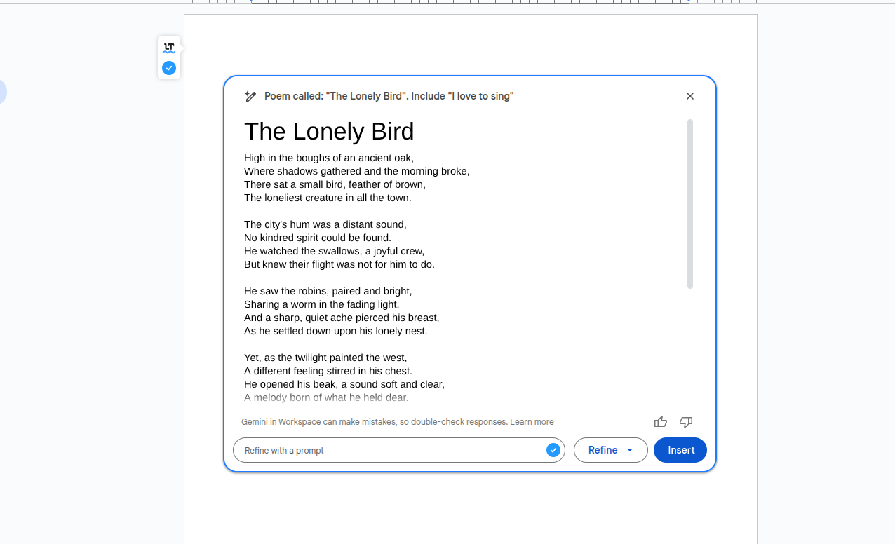 The poem generated by help me write on a Chromebook about a lonely bird.