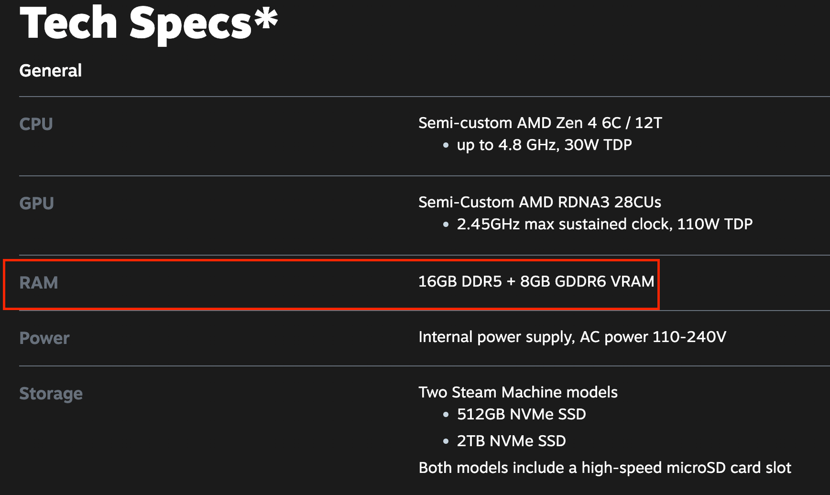 The 2025 Steam Machine spec sheet showing RAM allocations.