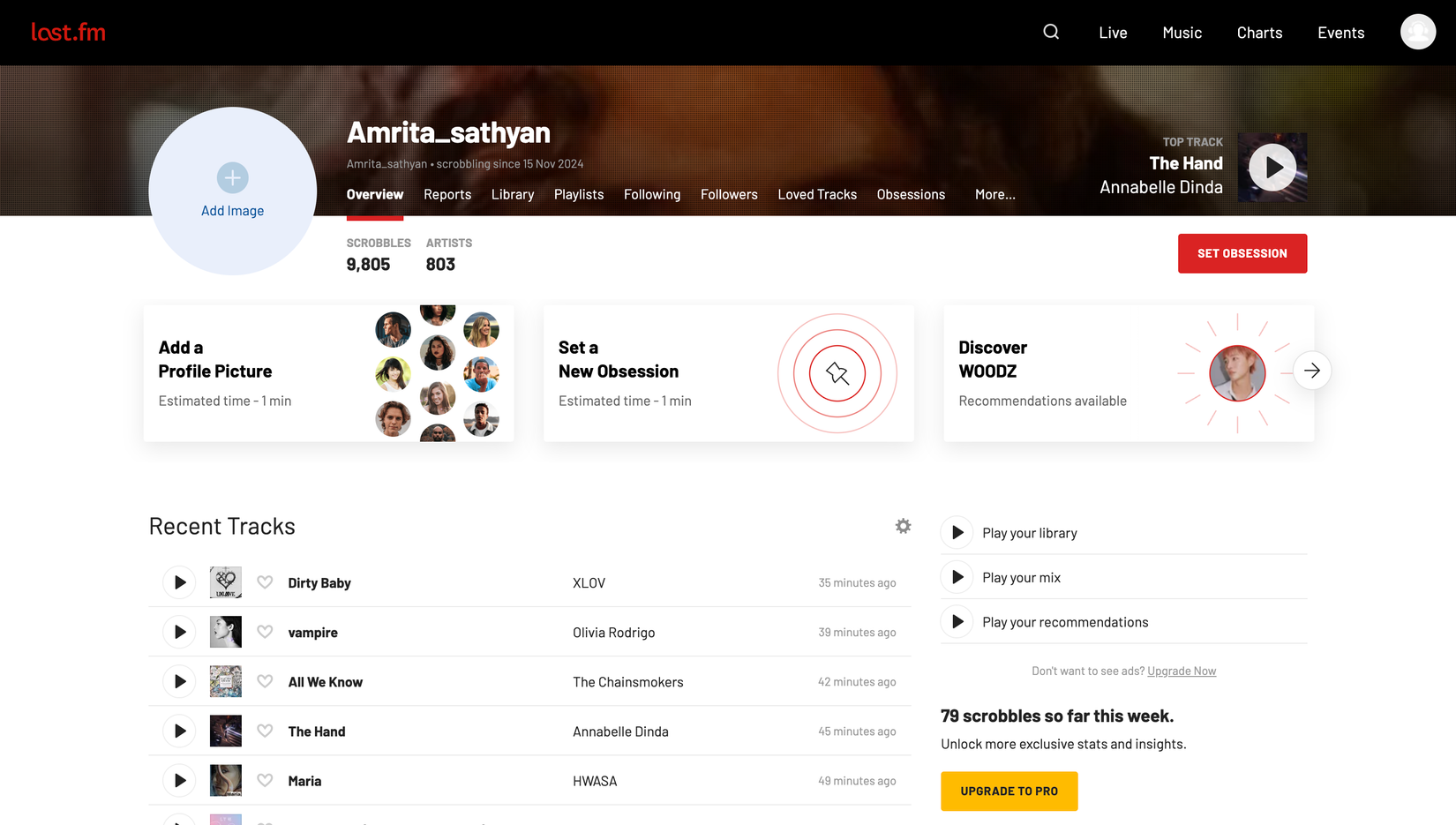 Скриншот профиля Last.fm с последними композициями. 