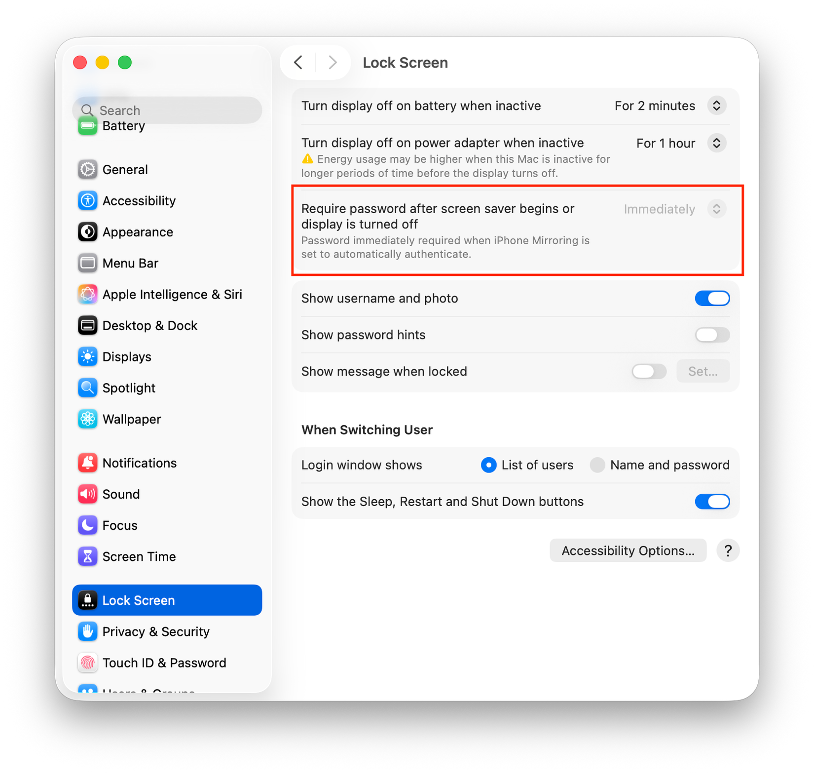 Manu option in macOS to require passwords immediately.