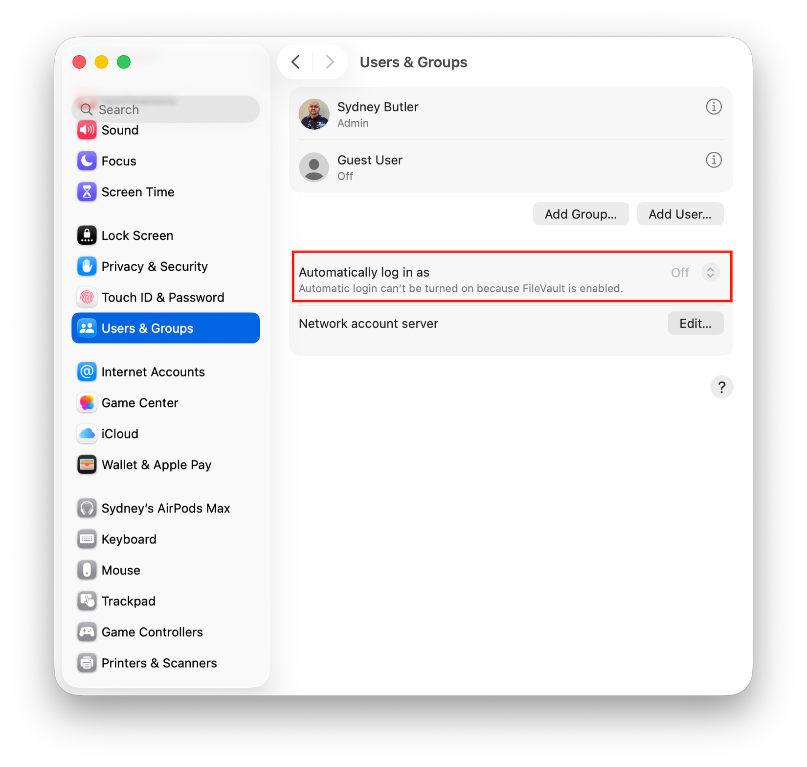Automatic login settings in macOS.