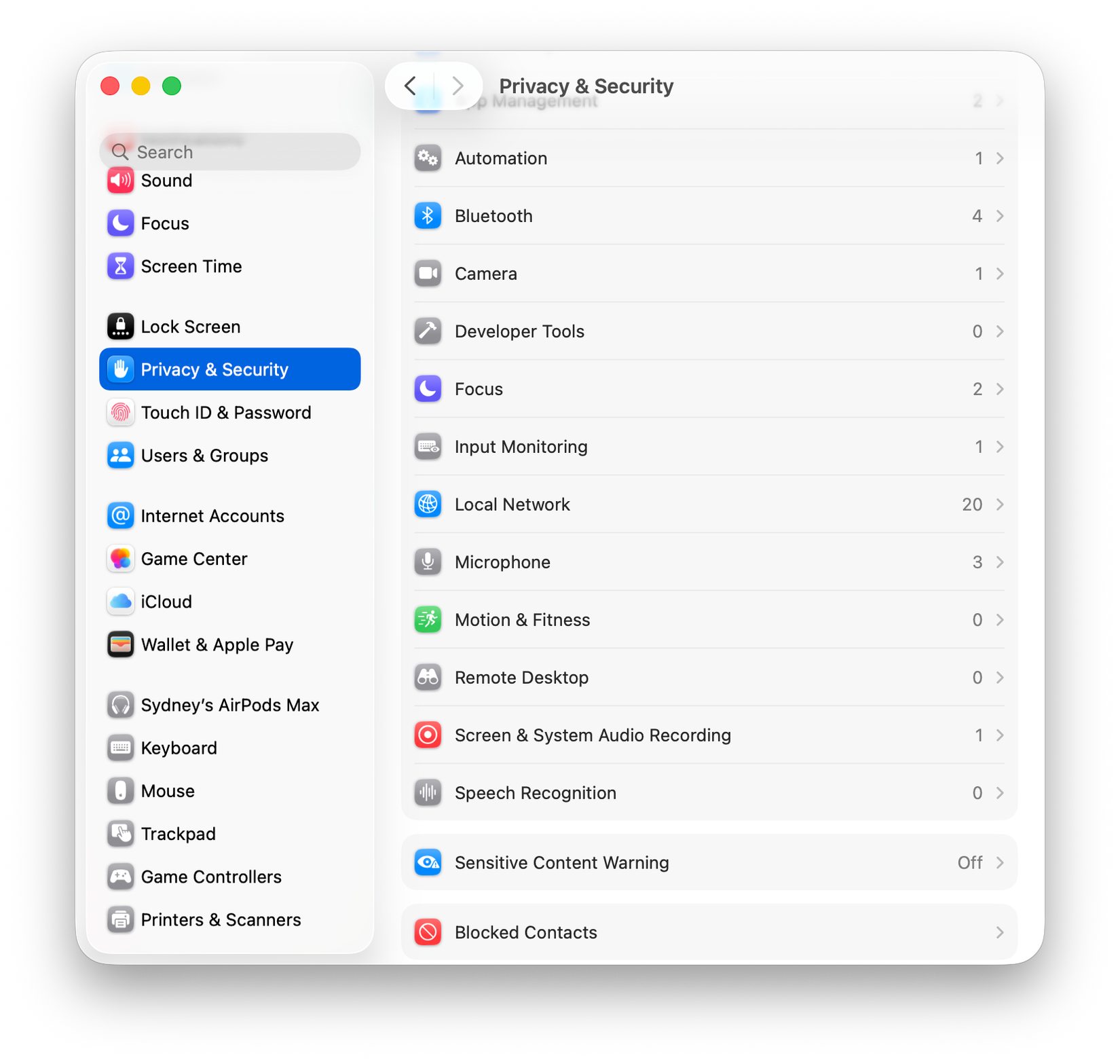 App permission settings in macOS.