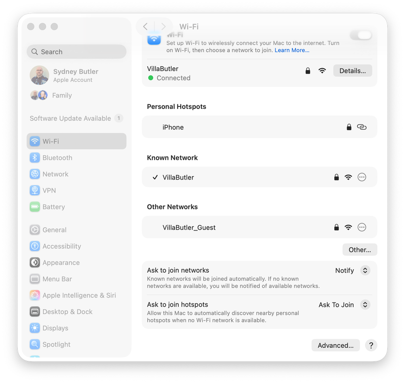 Auto-join network settings in macOS.