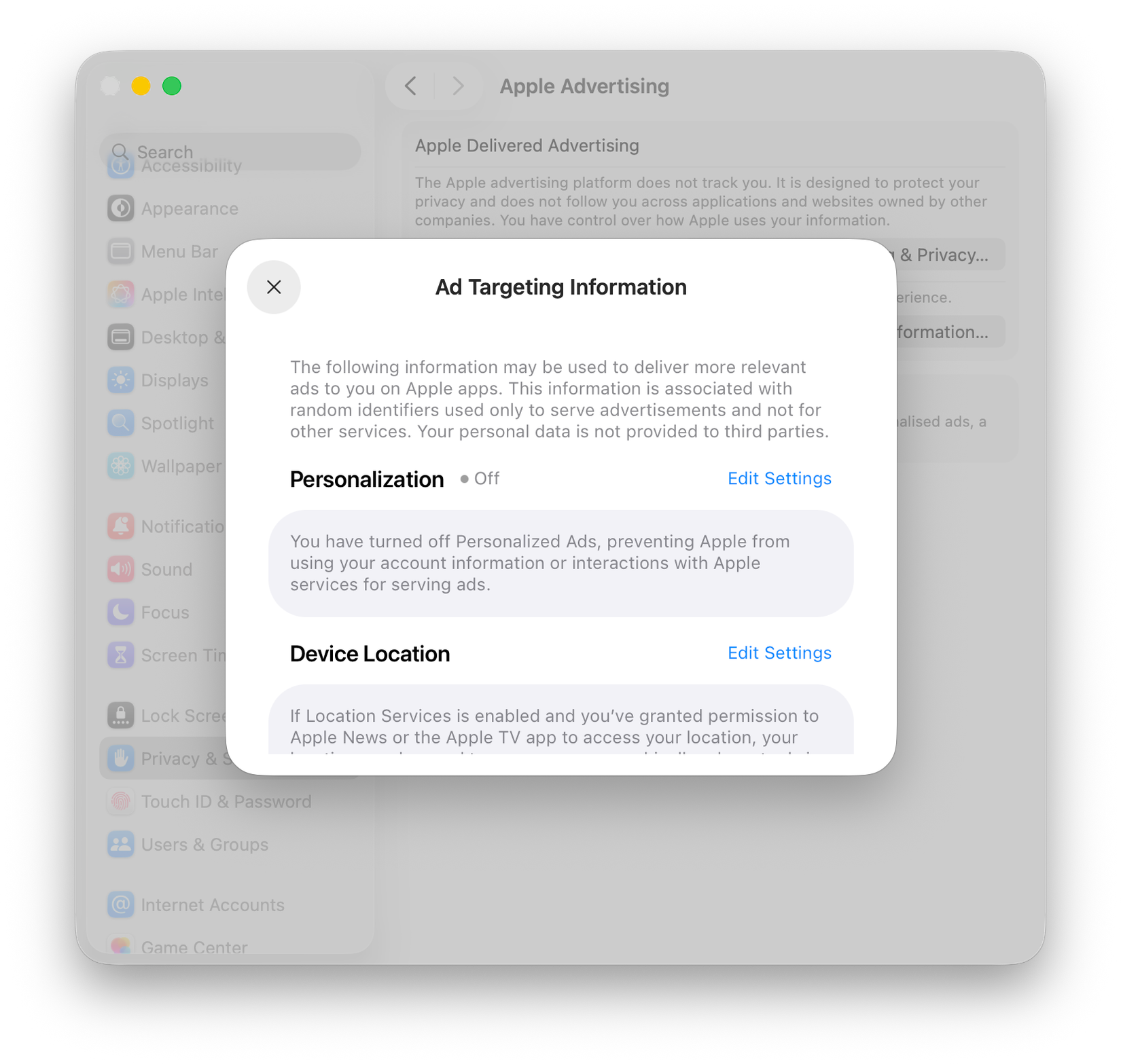 Personalized ad settings in macOS.