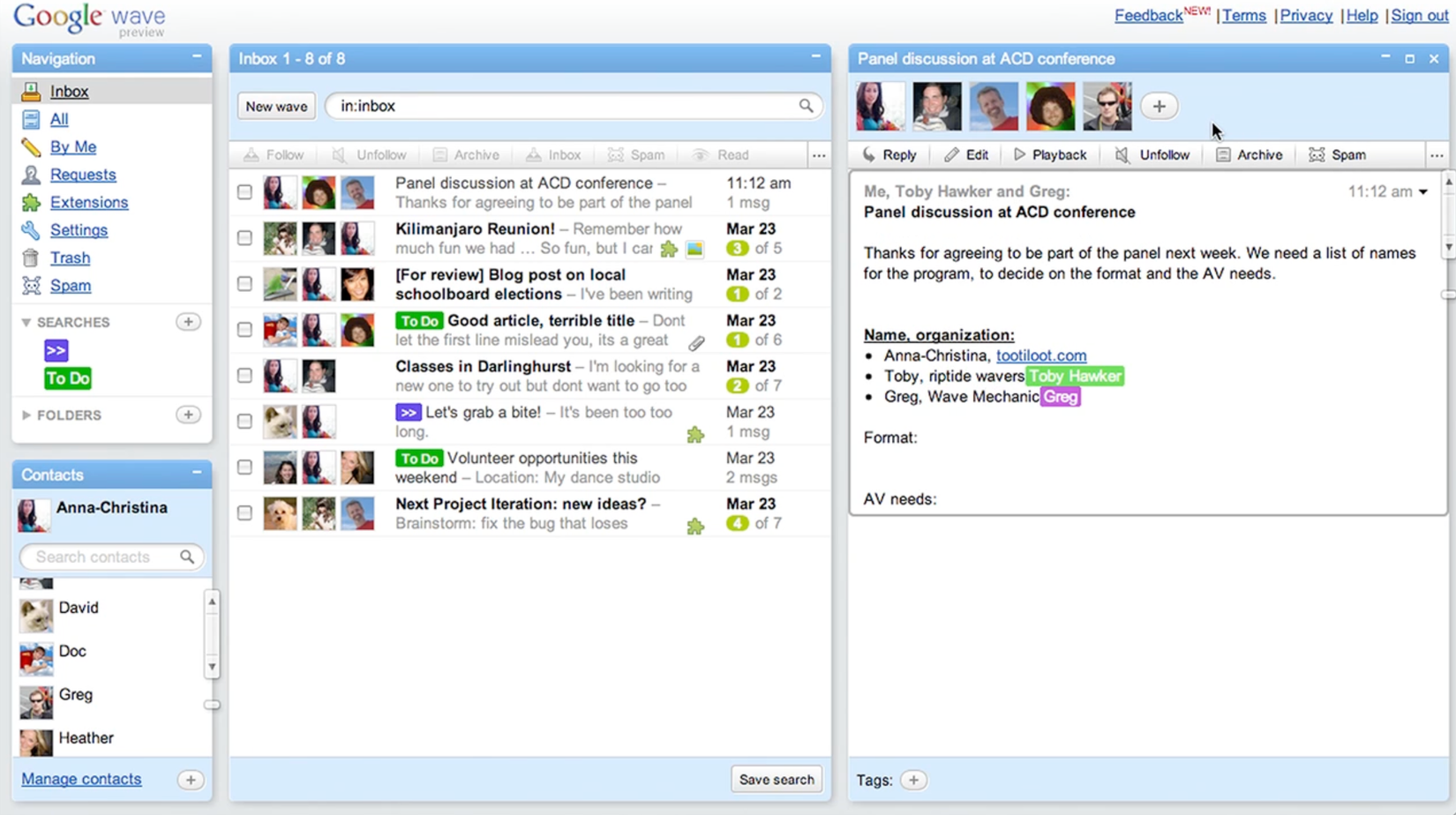 Multiple users on Google Wave are typing at the same time.