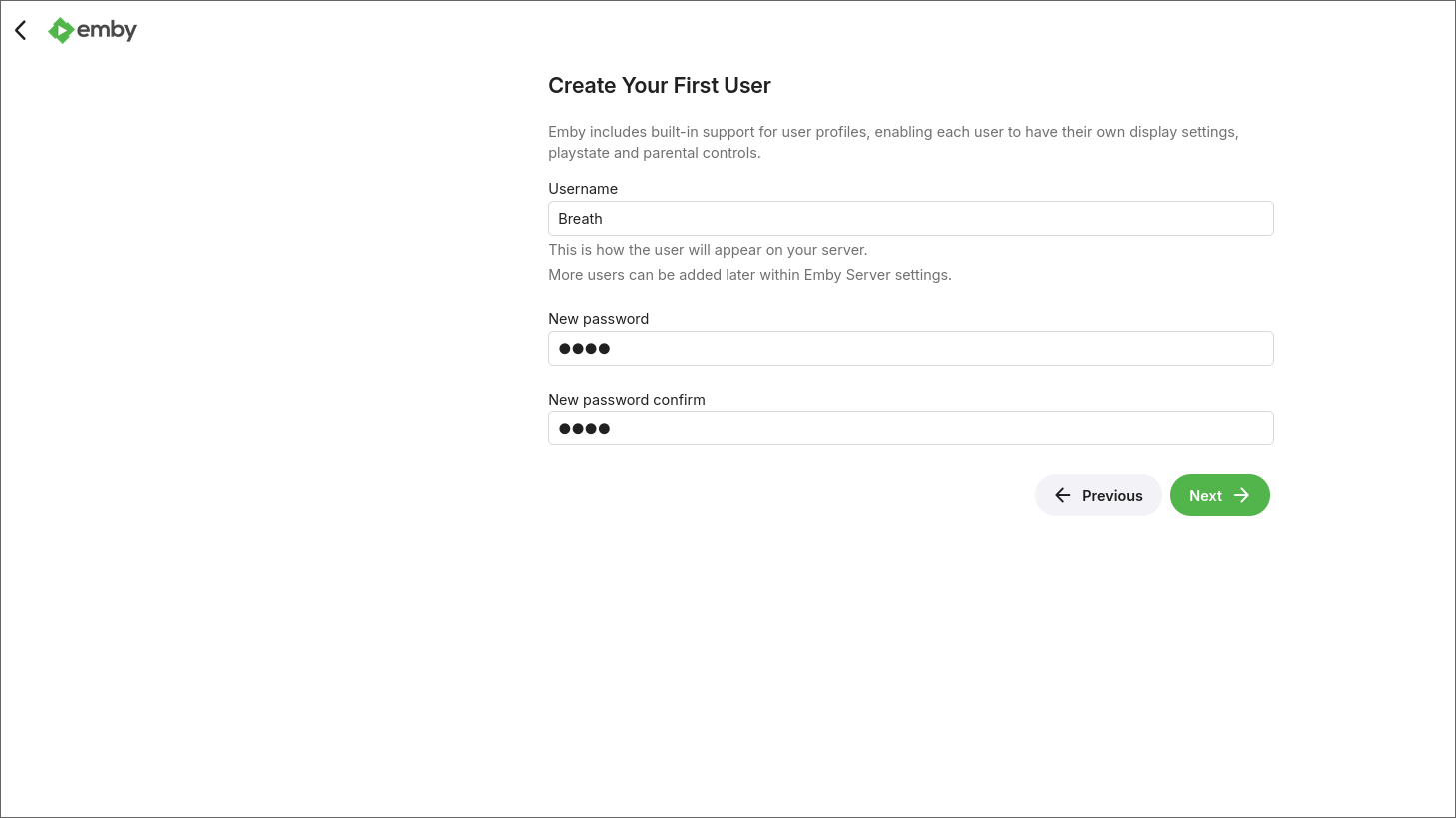Creating a username and password for Emby.
