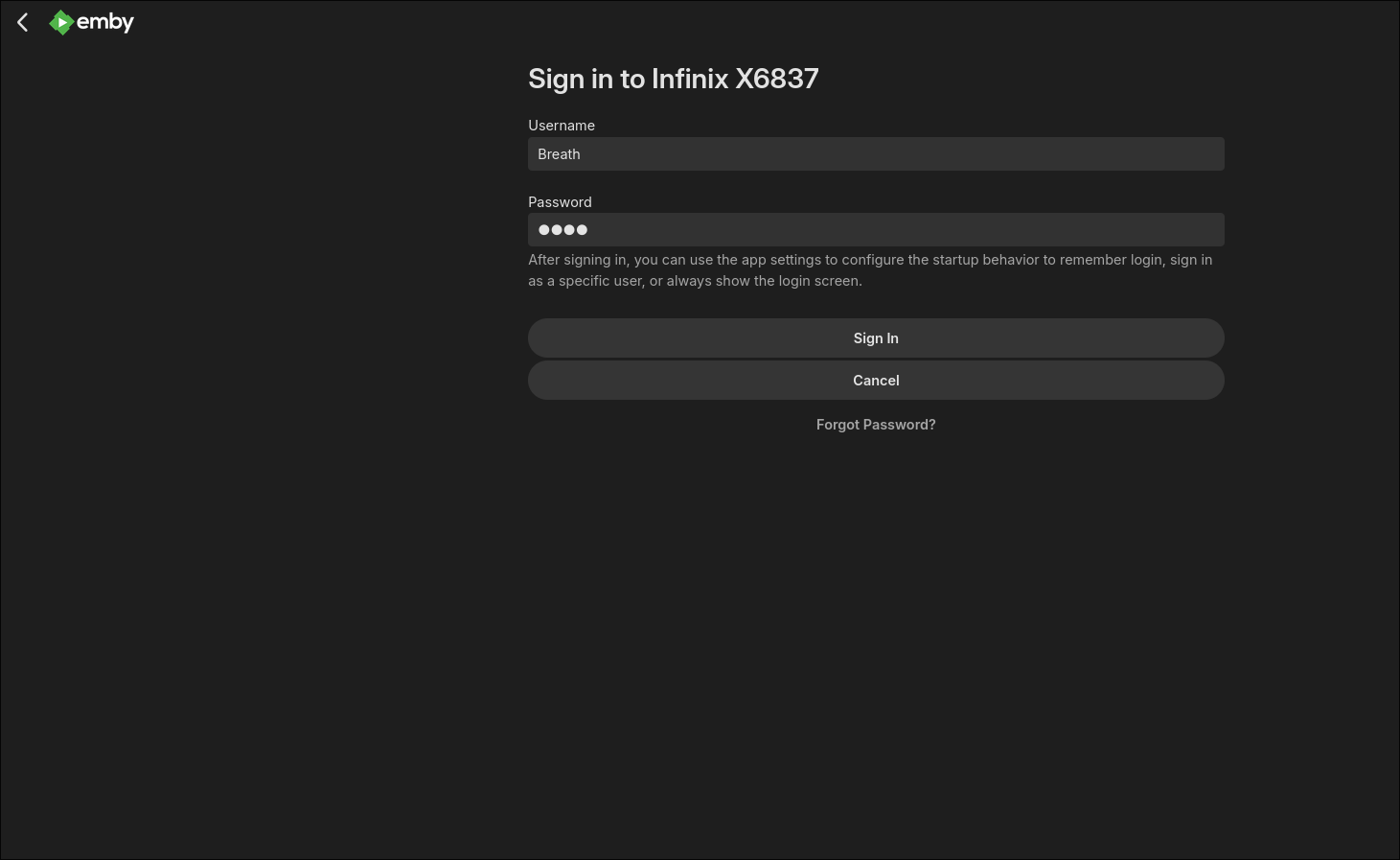 Signing into the Android Emby server on in the browser.