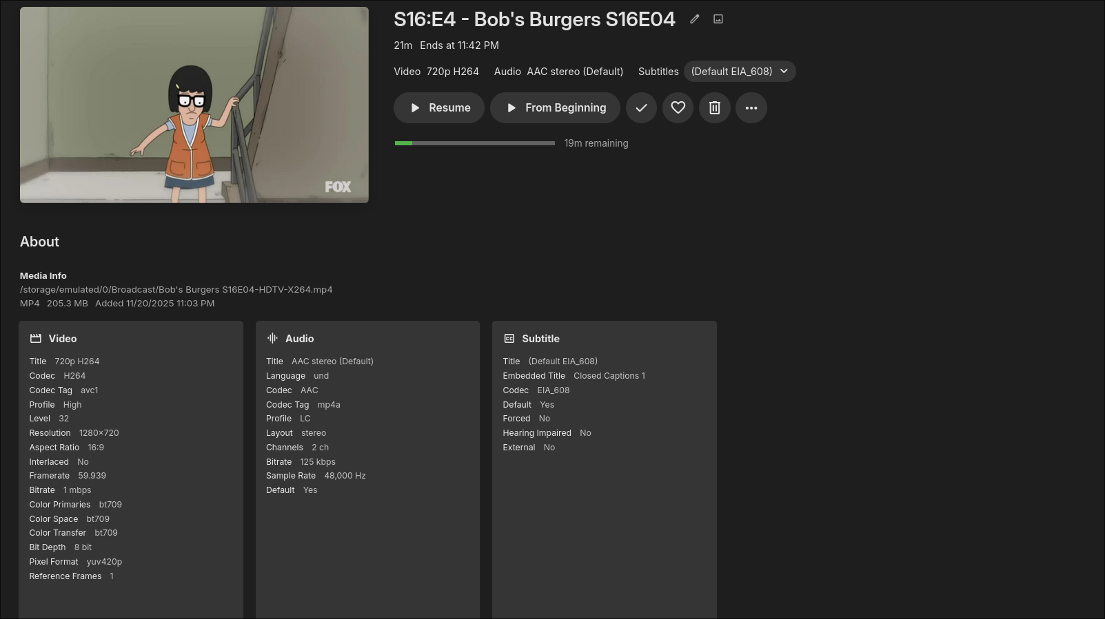 The Emby player supports resuming playback from the last seen position.