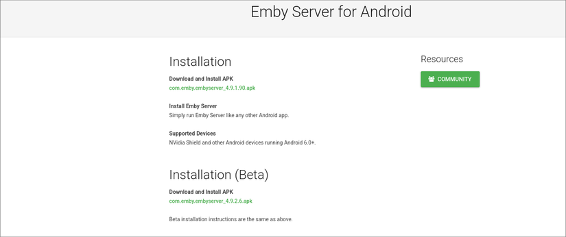 Downloading the Emby server APK for Android.