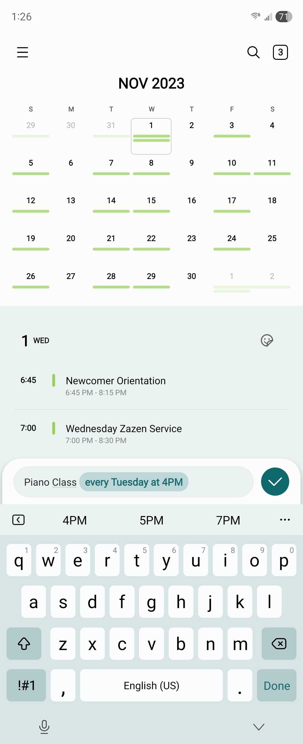 Creating a new event in the Samsung Calendar Android app.