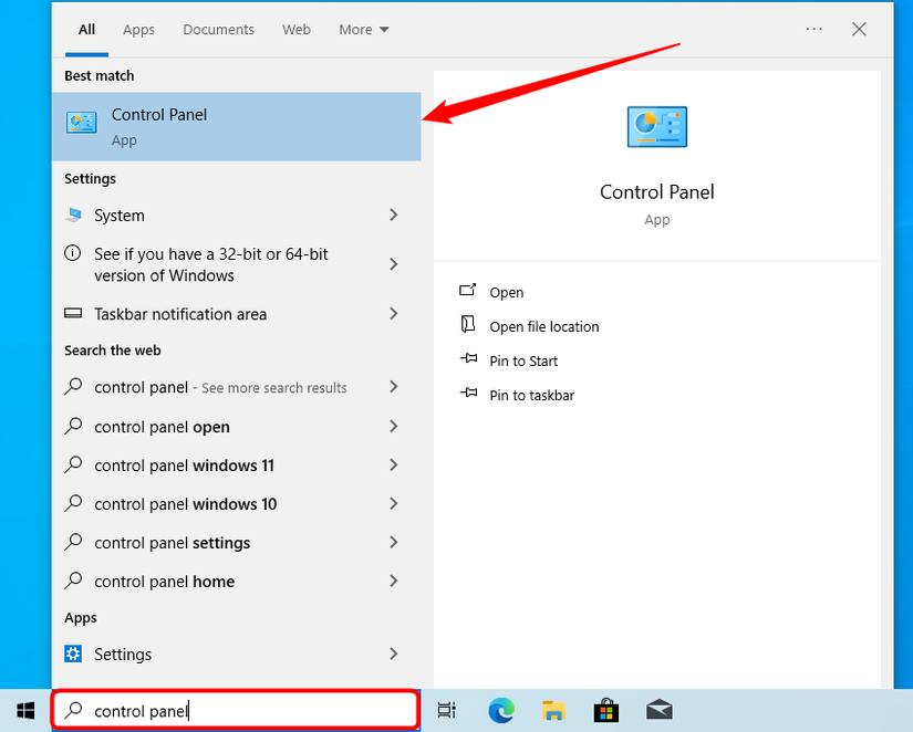 Pesquise Painel de Controle na pesquisa da barra de tarefas e clique no resultado.
