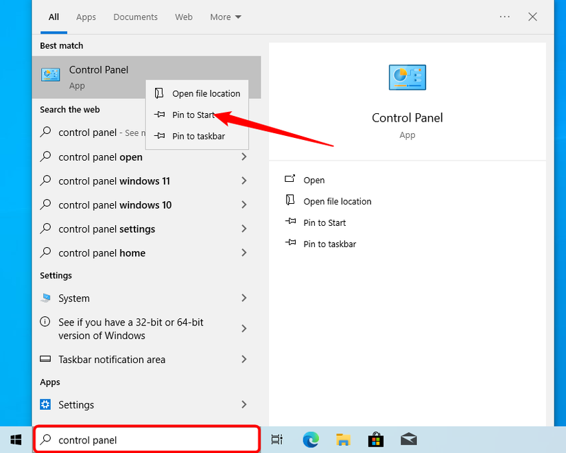 Procure painel de controle, clique com o botão direito e selecione Fixar para iniciar.