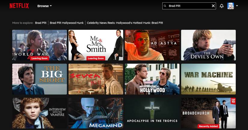 Searching for Brad Pitt on Netflix.