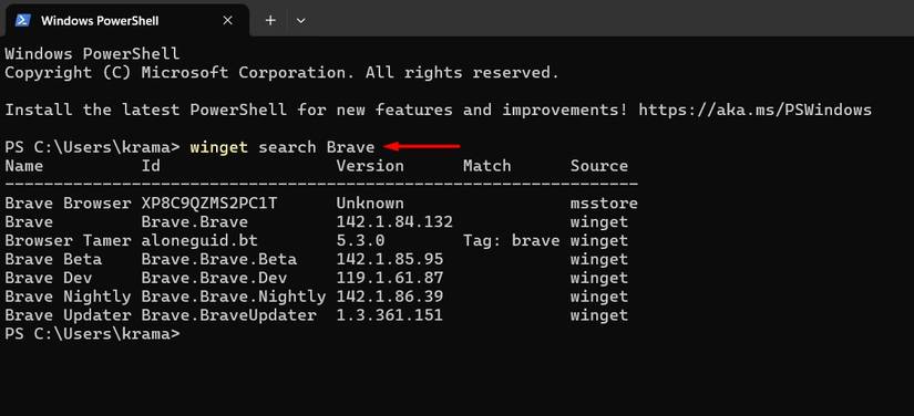 Searching for Brave browser in Terminal.