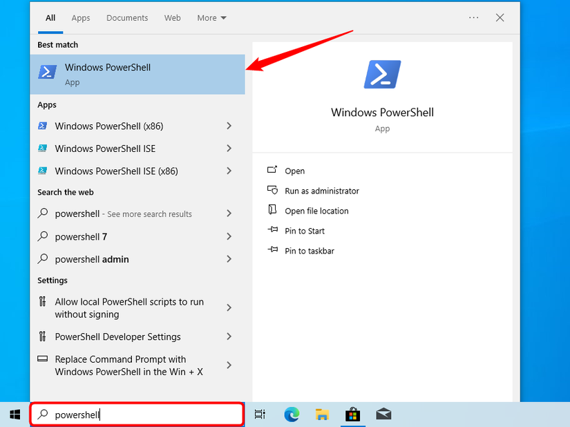 Procurando pelo Windows PowerShell no menu Iniciar.