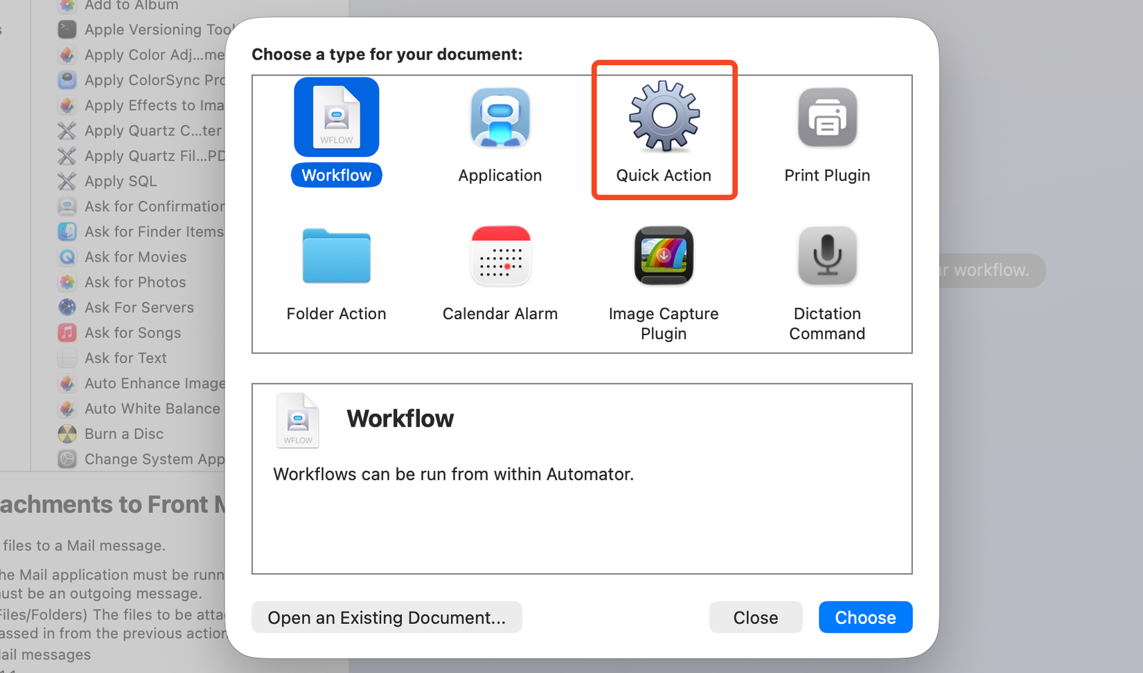 Select Quick Action in Automator.