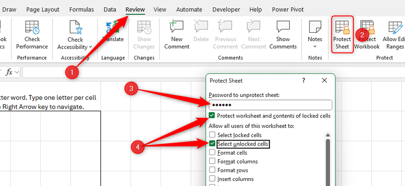 Select Unlocked Cells is checked and a password is entered in Microsoft Excel's Protect Sheet window.