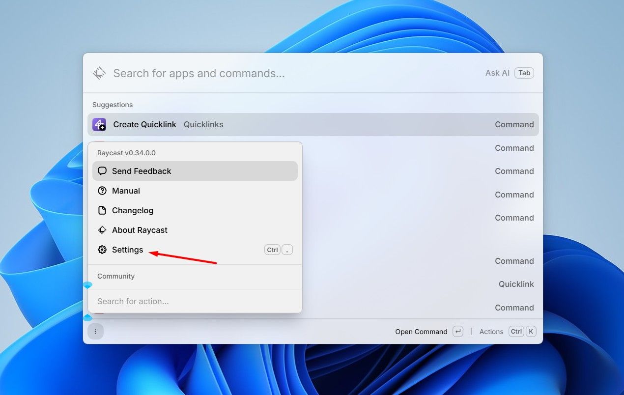 Settings option in Raycast.