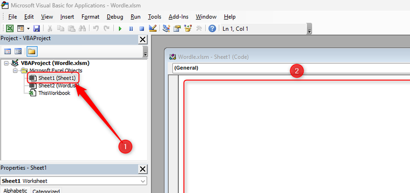 Sheet1 is selected in the VBAProject area of Excel's VBA window, and the module area is highlighted.