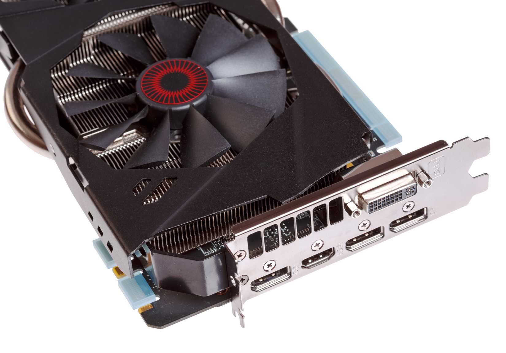 Video card with HDMI, Displayport and DVI connectors isolated on a white background.