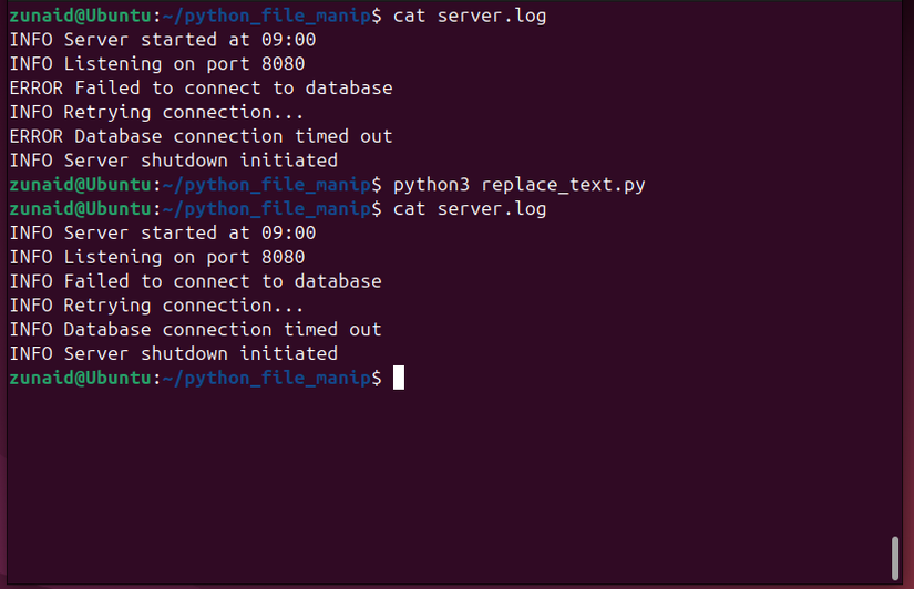Simple text replacement in a file using Python's string operations.