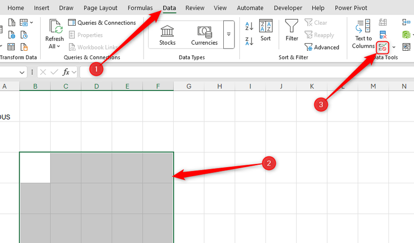 Some cells in Excel are selected, and the Data Validation button in the Data tab is selected.
