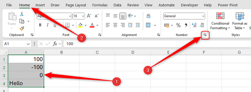 Some cells in Excel are selected, and the Format Cells dialog box launcher button in the Home tab is highlighted.