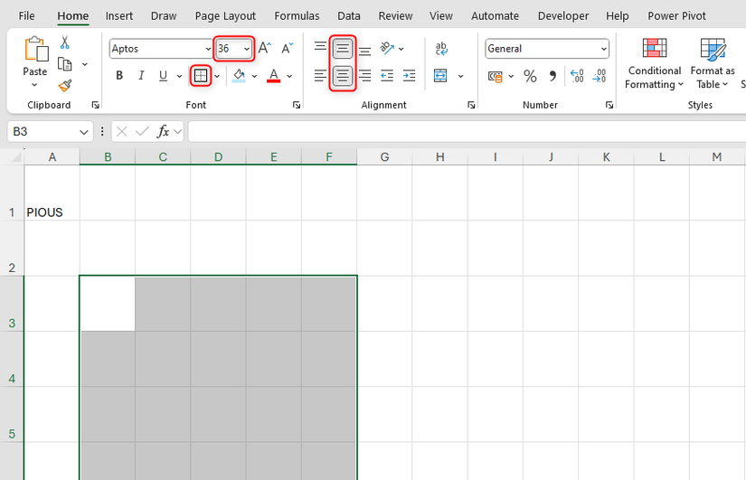 Some cells in Excel are selected, and their font size is changed to 36pt, an outside border is added, and the vertical and horizontal alignments are set to Center.